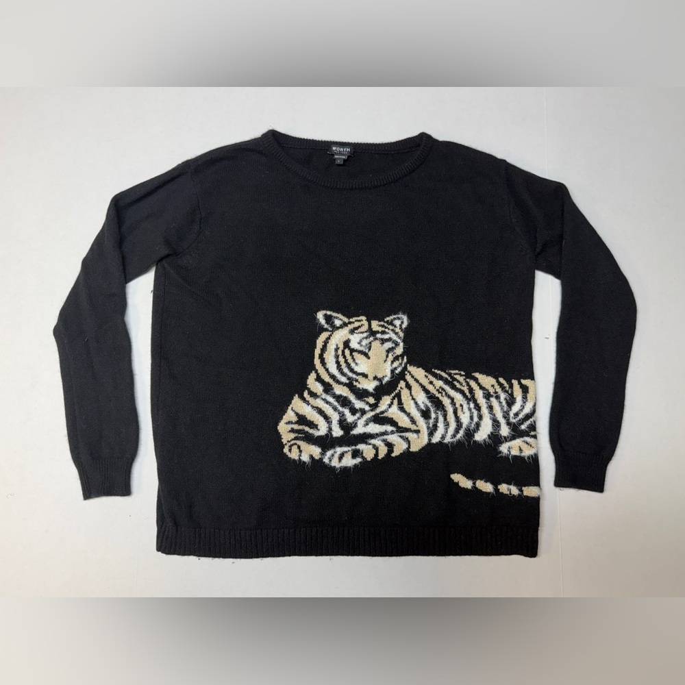 Worth Women’s Large Black Crewneck Knit Sweater with Tiger Graphic